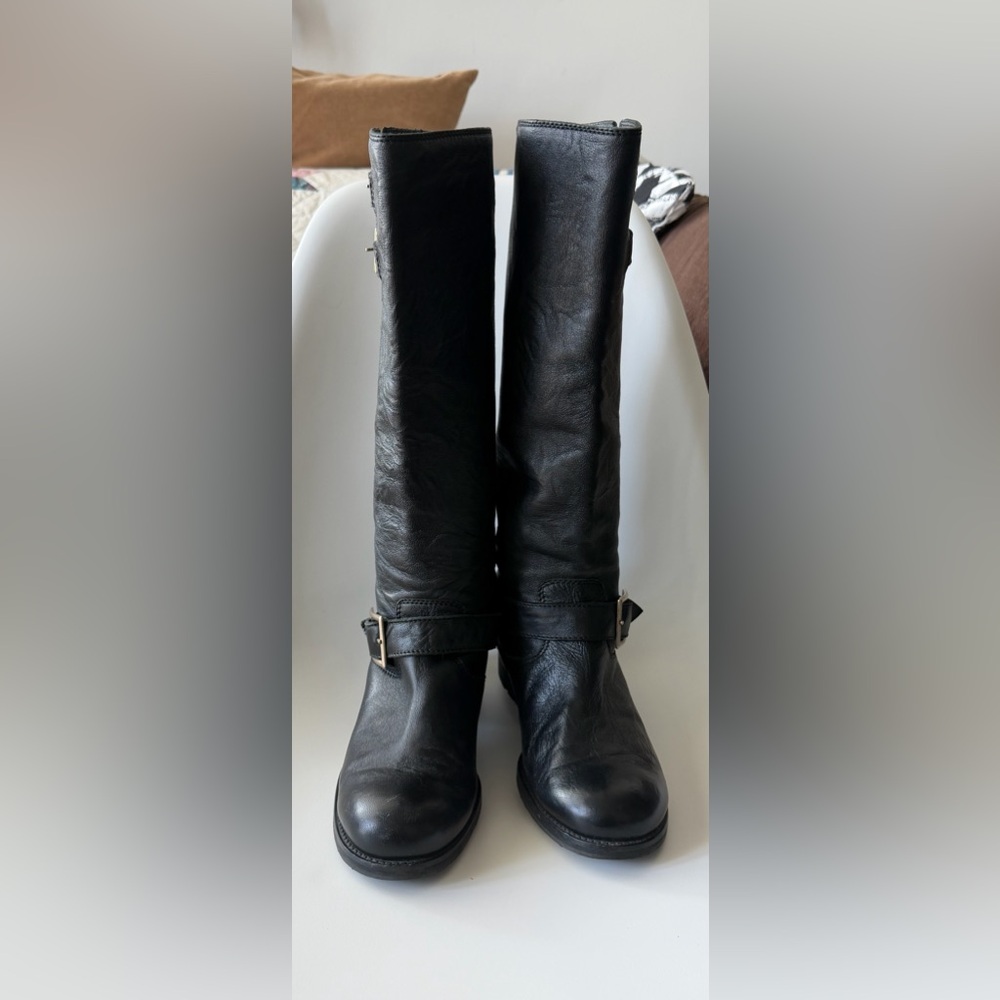 Jimmy Cho Authentic Classic Black Leather Tall Riding Boots with Buckle Detail